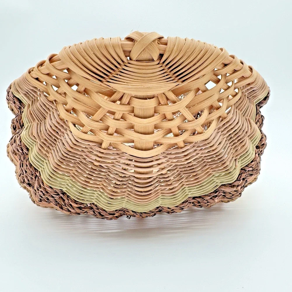 Vintage Hand Woven Basket Rattan Seagrass Artisan Signed 16.5 x 11.75 x 5